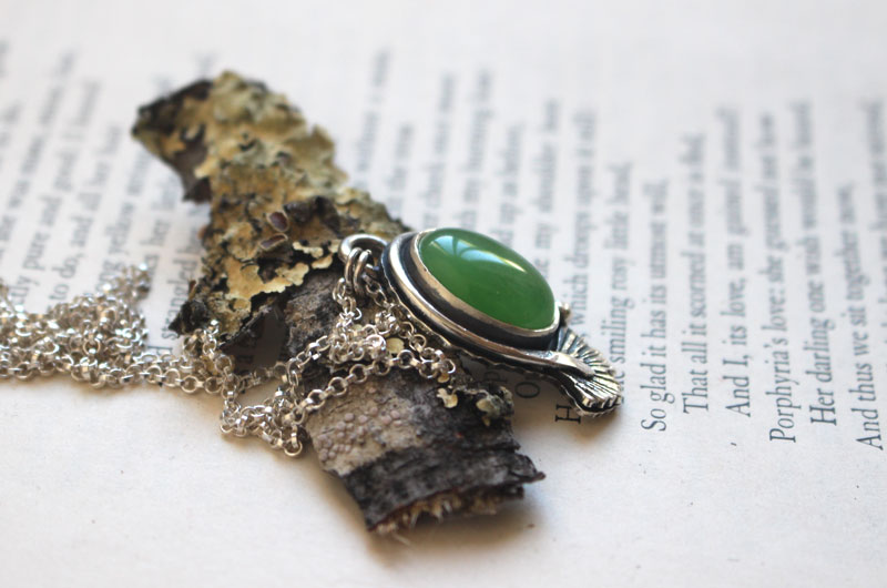 Green ginkgo, leaf necklace in silver and green agate