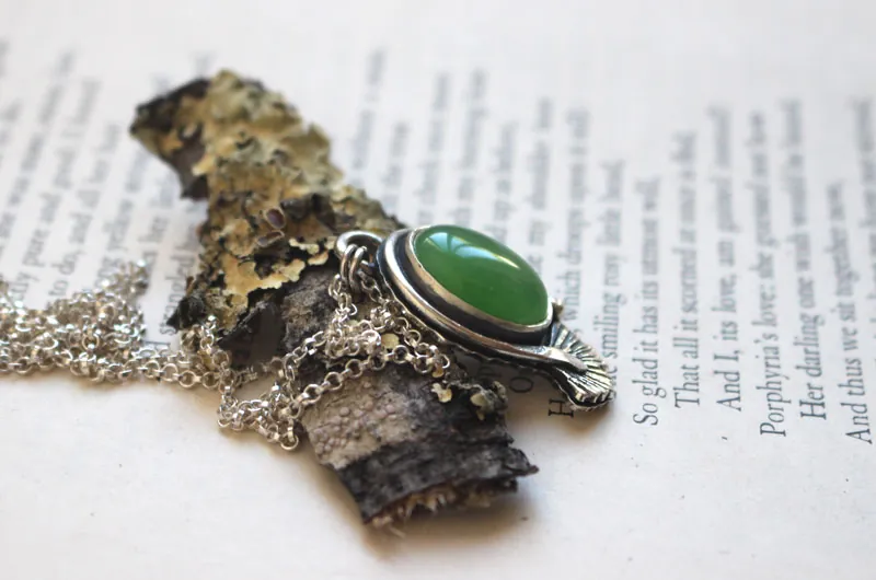Green ginkgo, leaf necklace in silver and green agate