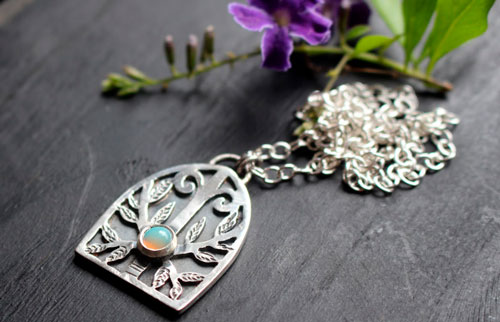 Guardian of the forest, Gothic door necklace in silver and opal