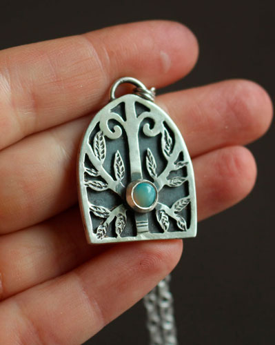 Guardian of the forest, Gothic door necklace in silver and opal