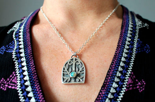 Guardian of the forest, Gothic door necklace in silver and opal
