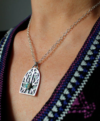 Guardian of the forest, Gothic door necklace in silver and opal