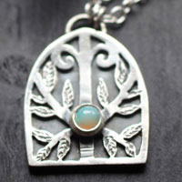 Guardian of the forest, Gothic door necklace in silver and opal