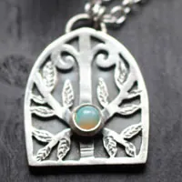 Guardian of the forest, Gothic door necklace in silver and opal