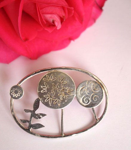 Grove, tree forest plants brooch in sterling silver