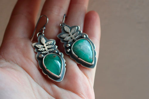 Growth, botanical earrings in sterling silver and chrysoprase