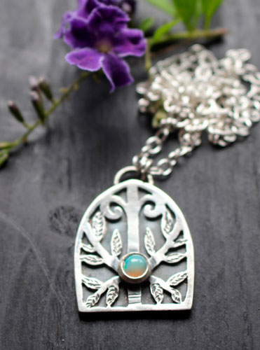 Guardian of the forest, gothic door necklace in silver and opal