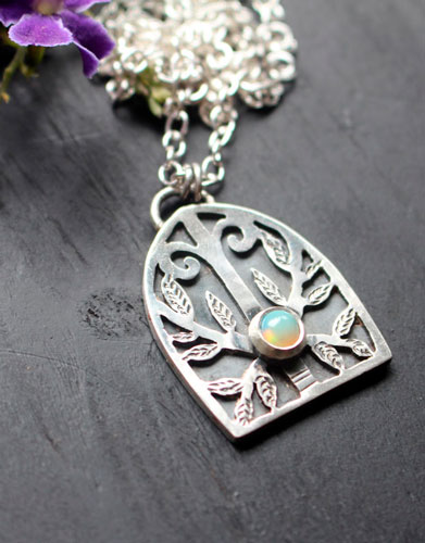 Guardian of the forest, gothic door necklace in silver and opal