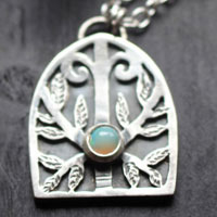 Guardian of the forest, gothic door necklace in sterling silver with opal