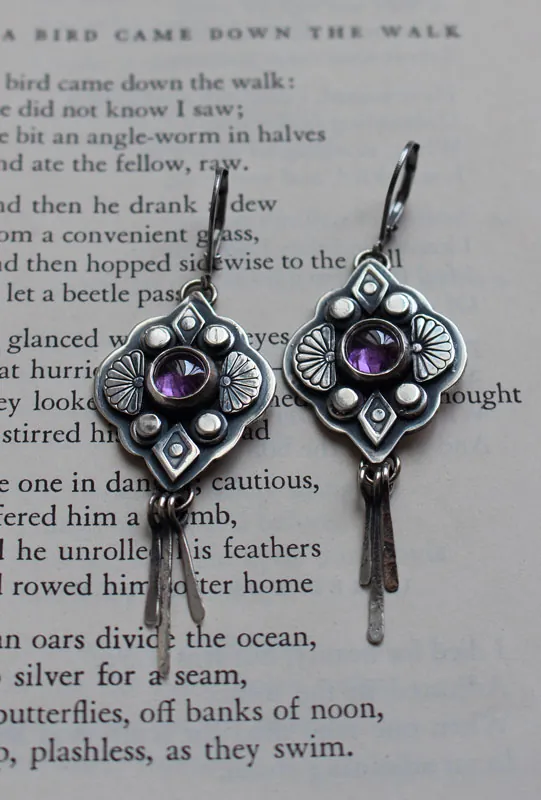 Hana, japanese flower earrings in silver and purple zircon