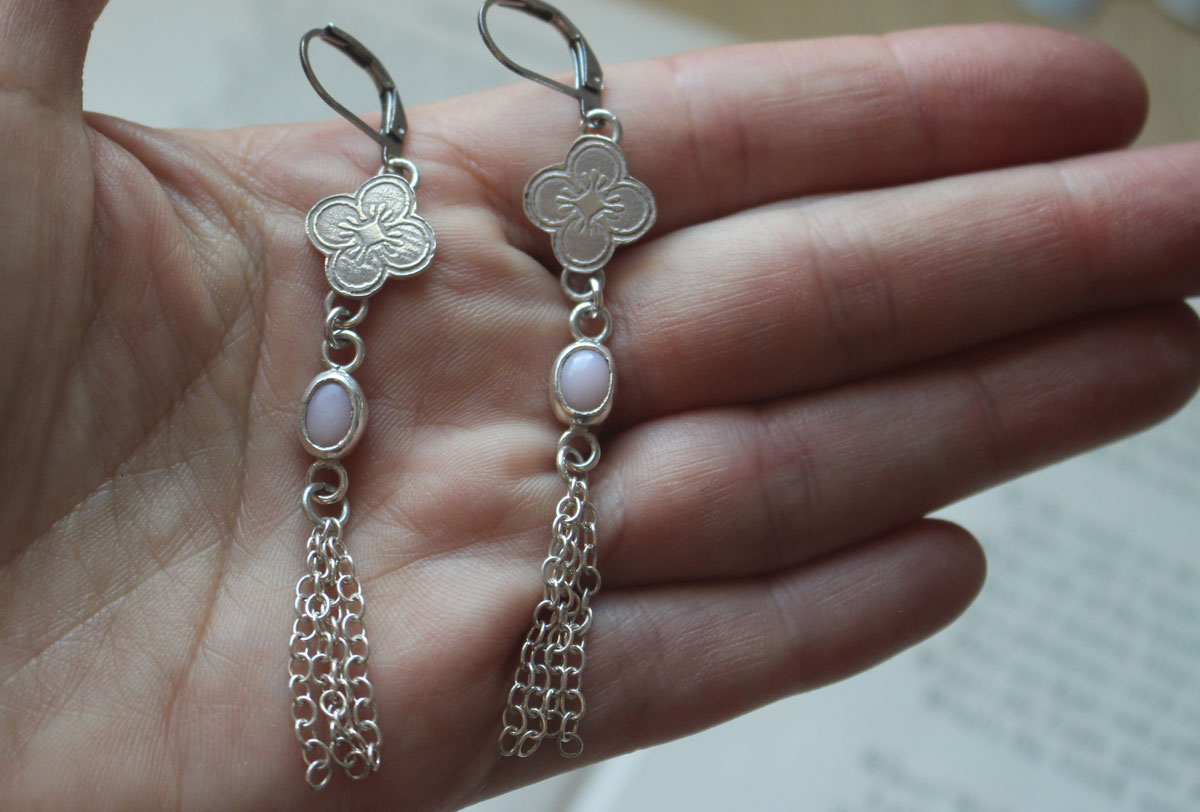 Hanami, cherry blossom earrings in silver and pink opal