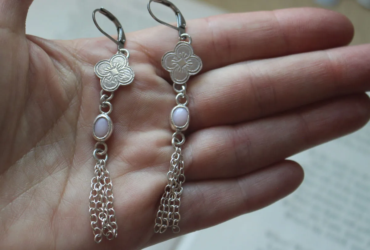 Hanami, cherry blossom earrings in silver and pink opal