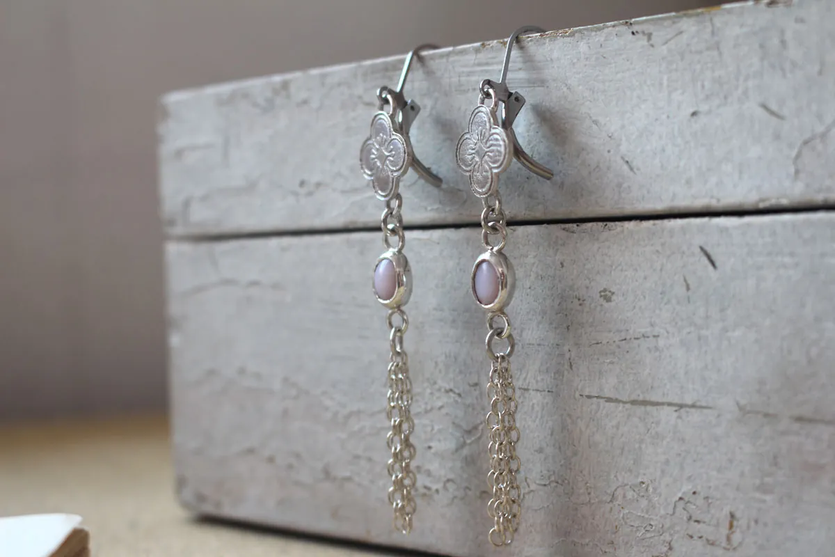 Hanami, cherry blossom earrings in silver and pink opal