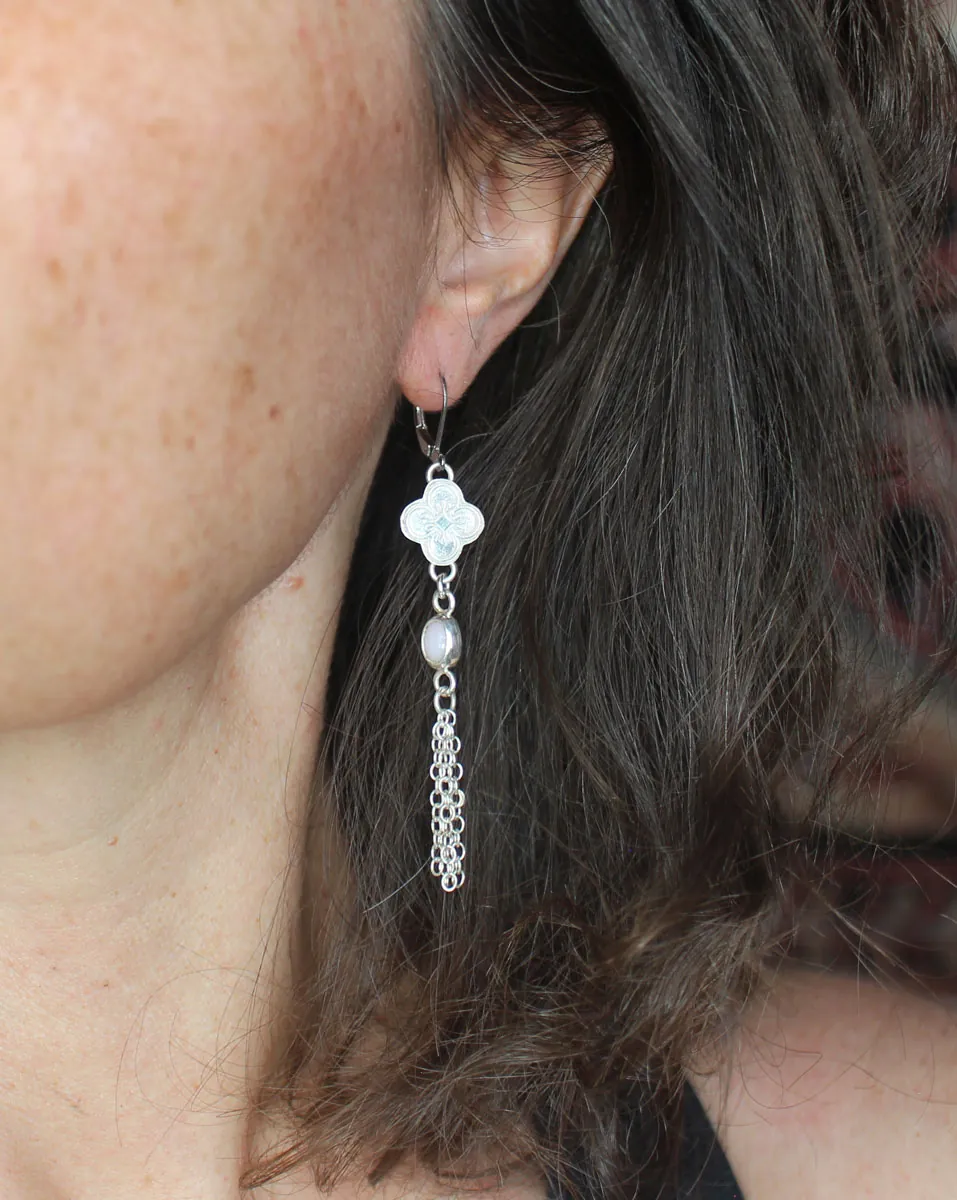 Hanami, cherry blossom earrings in silver and pink opal