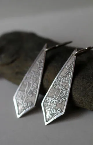 Haruna, Japanese cherry blossom branch earrings in silver