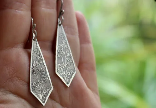 Haruna, Japanese cherry blossom branch earrings in silver