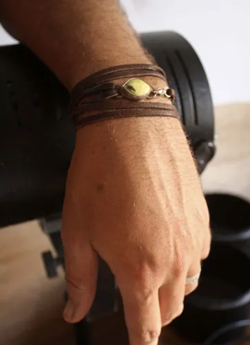 Hemera, greek light bracelet in silver, leather, and lemon jade