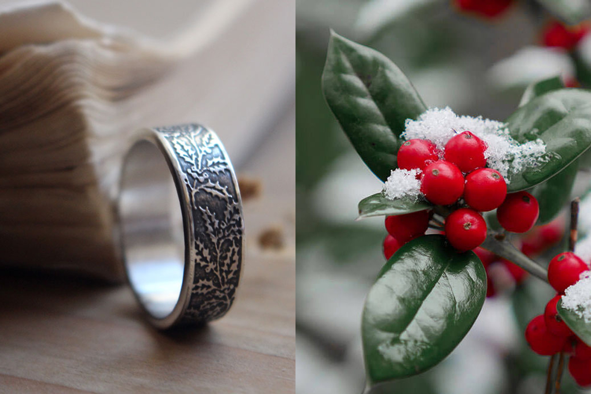 Holly, winter flower and berry ring in silver