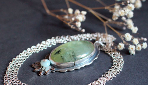 Hortense, baroque floral cameo necklace in silver, prehnite and amazonite