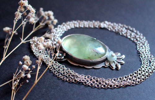 Hortense, baroque floral cameo necklace in silver, prehnite and amazonite