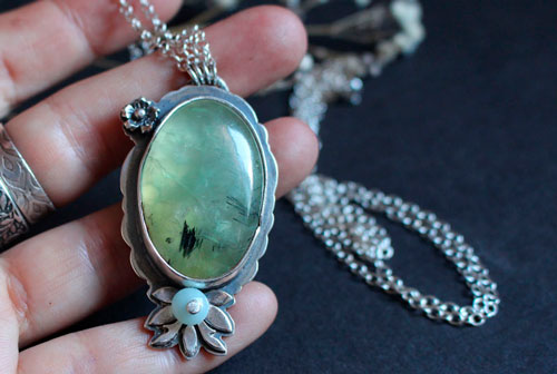 Hortense, baroque floral cameo necklace in silver, prehnite and amazonite
