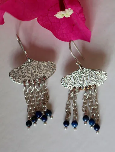 Huyana, Native American rain earrings in sterling silver and lapis lazuli