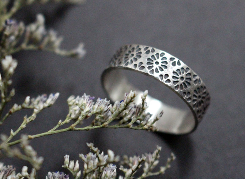 Hanabi, Japanese stylized flower ring in sterling silver