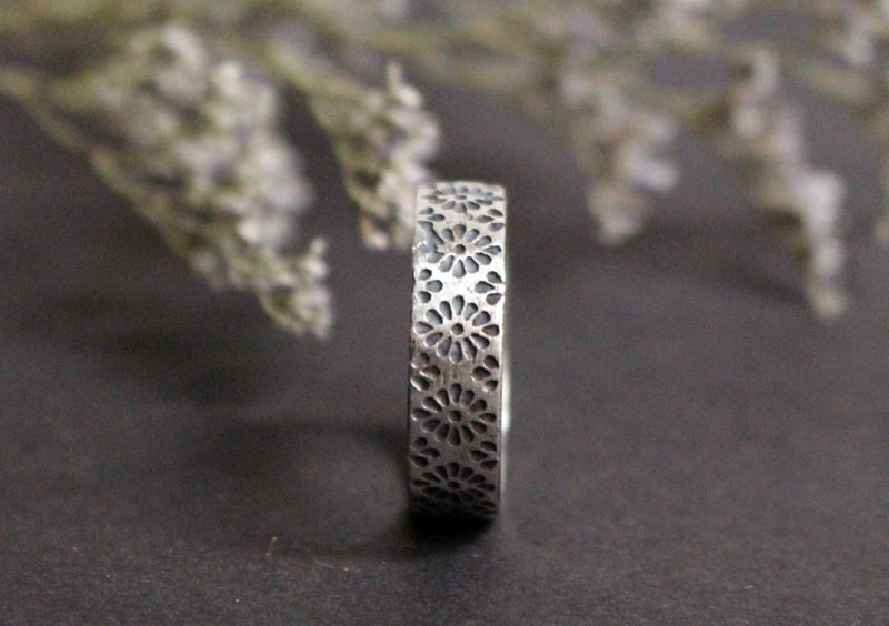 Hanabi, Japanese stylized flower ring in sterling silver