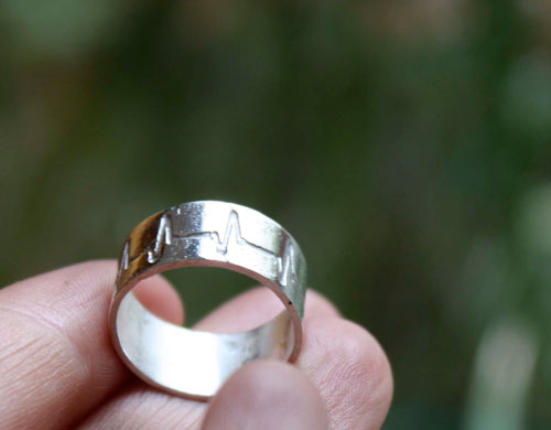Heartbeat, lifeline ring in sterling silver