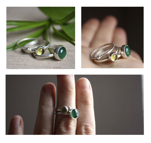 Himalayan green tea, stacking ring in silver, green agate and peridot