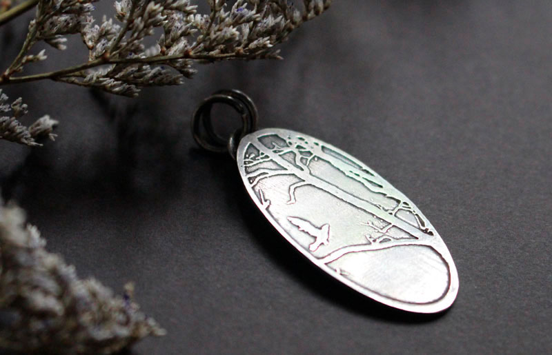 Hope, bird in the forest pendant in sterling silver