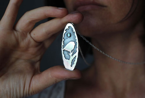 I will spread my wings, bird and branch necklace in silver and blue zircon