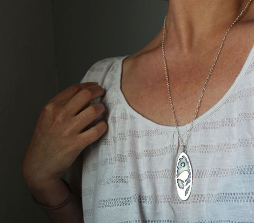 I will spread my wings, bird and branch necklace in silver and blue zircon