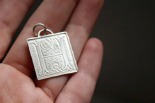 Illuminated initial, medieval manuscript letter pendant in silver