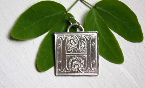 Illuminated initial, medieval manuscript letter pendant in silver