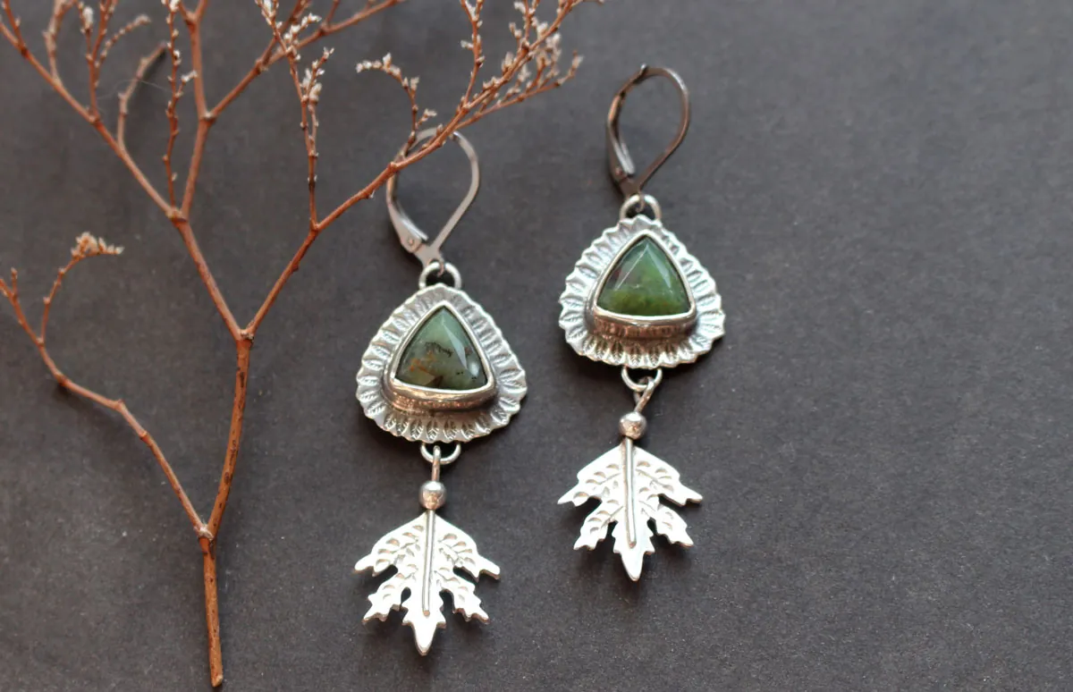 In the heart of the forest, leaf earrings in silver and chrysoprase