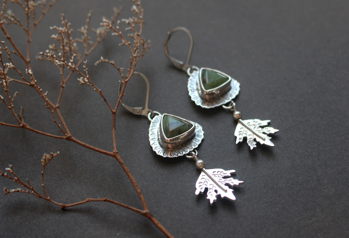 In the heart of the forest, leaf earrings in silver and chrysoprase