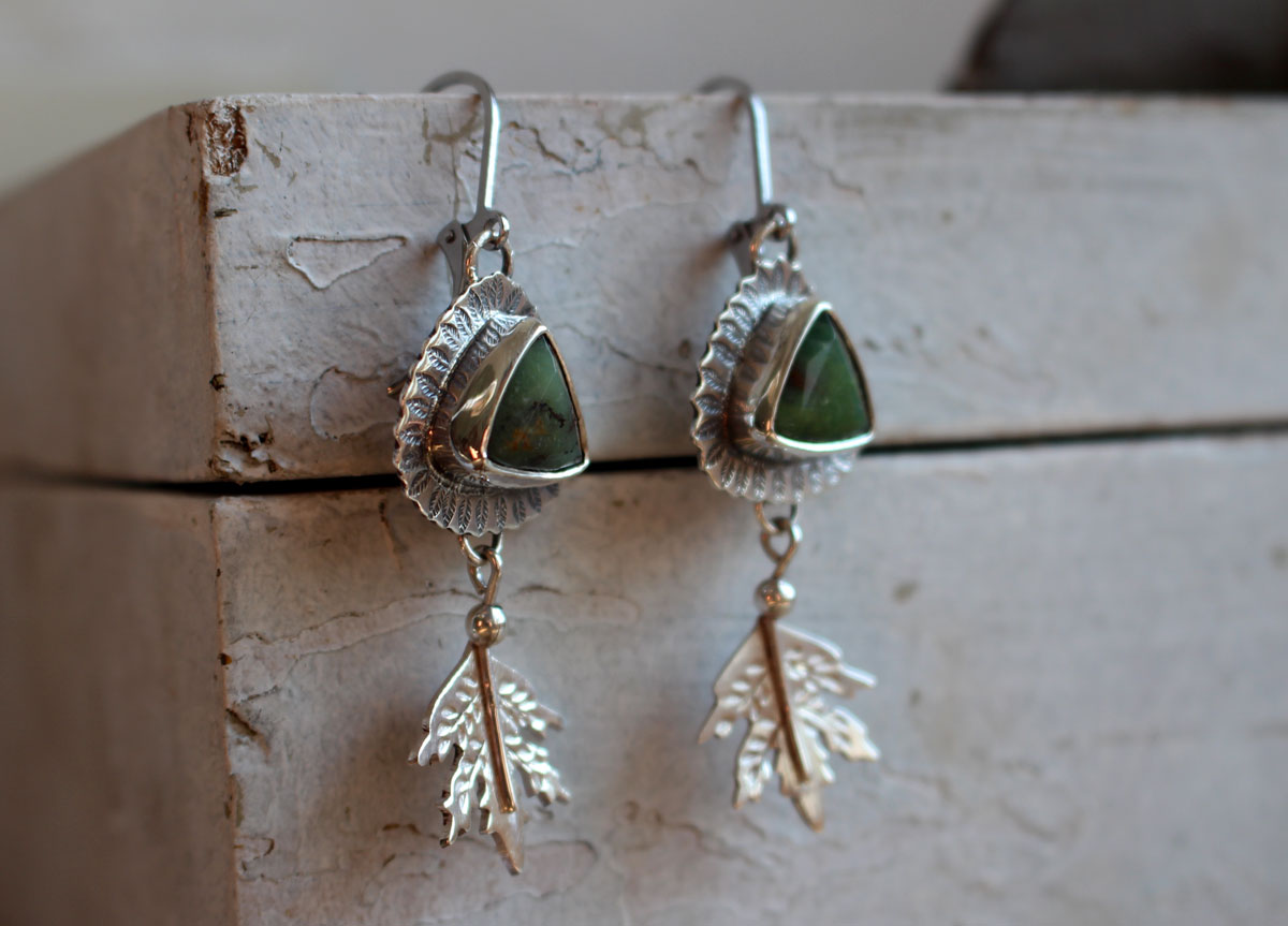 In the heart of the forest, leaf earrings in silver and chrysoprase
