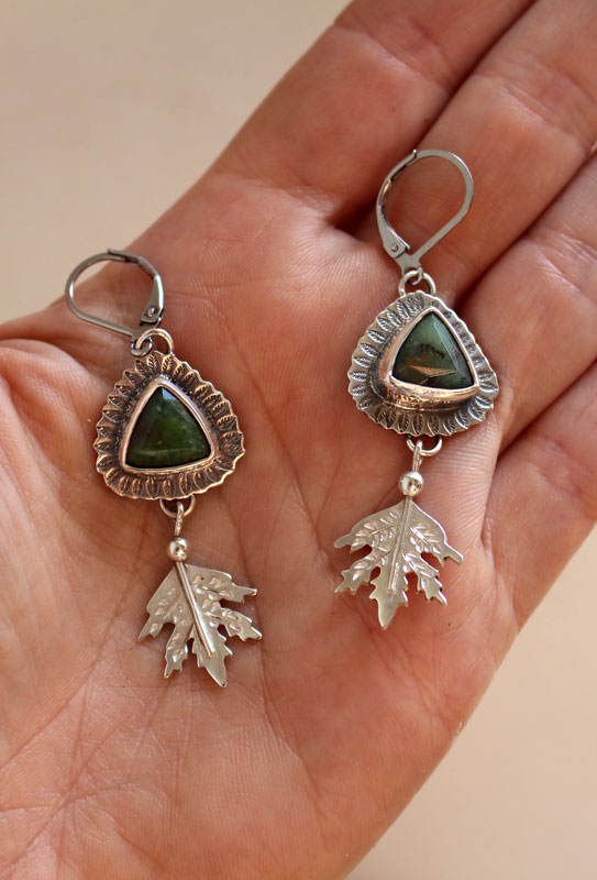 In the heart of the forest, leaf earrings in silver and chrysoprase