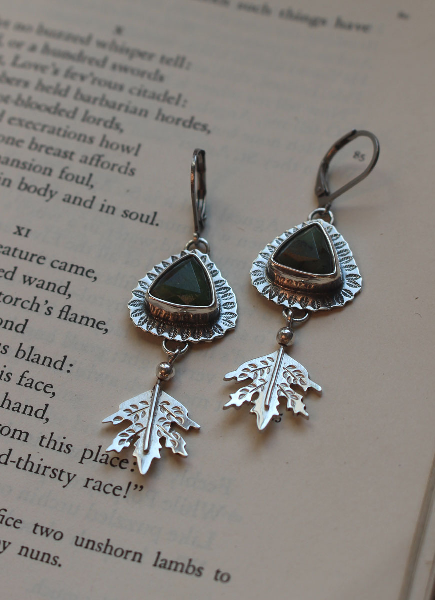 In the heart of the forest, leaf earrings in silver and chrysoprase