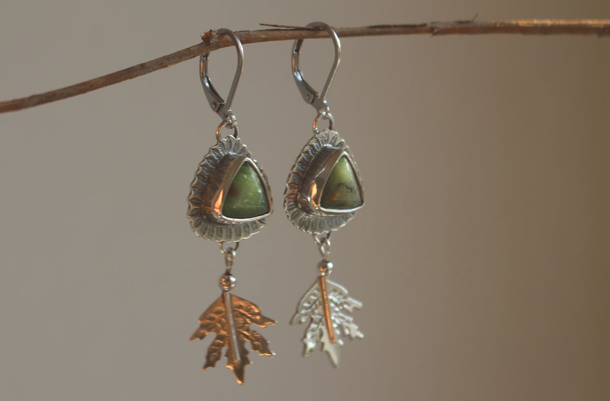 In the heart of the forest, leaf earrings in silver and chrysoprase