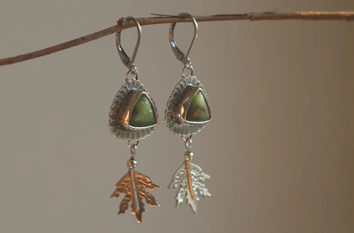 In the heart of the forest, leaf earrings in silver and chrysoprase