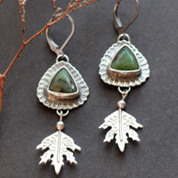 In the heart of the forest, leaf earrings in silver and chrysoprase