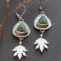 In the heart of the forest, leaf earrings in silver and chrysoprase