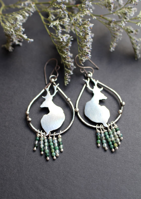 In the stillness of dawn, deer earrings in silver and moss agate