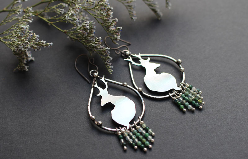 In the stillness of dawn, deer earrings in silver and moss agate