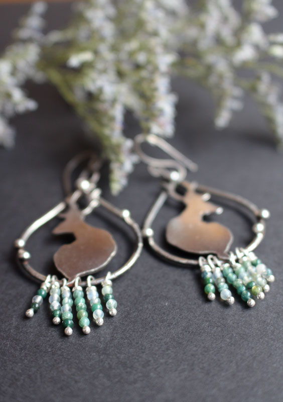 In the stillness of dawn, deer earrings in silver and moss agate