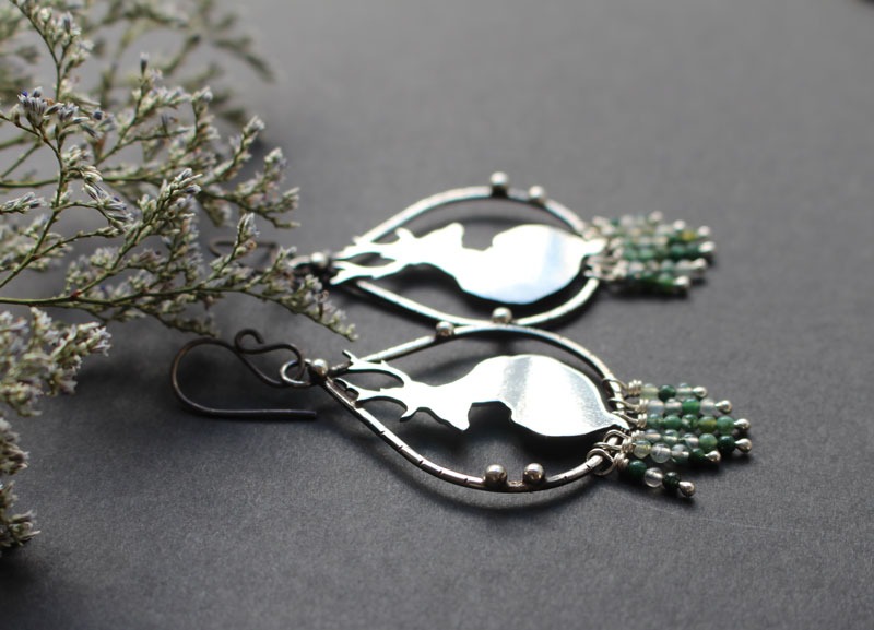 In the stillness of dawn, deer earrings in silver and moss agate