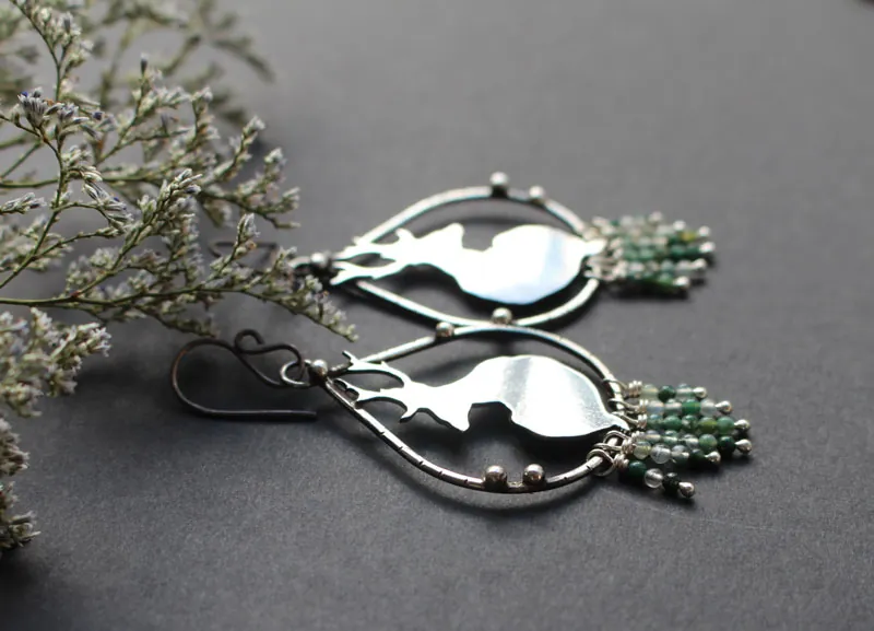 In the stillness of dawn, deer earrings in silver and moss agate
