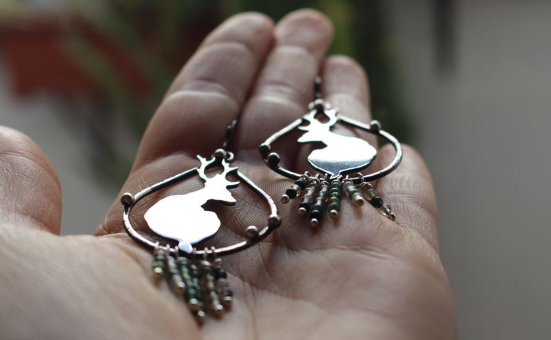 In the stillness of dawn, deer earrings in silver and moss agate